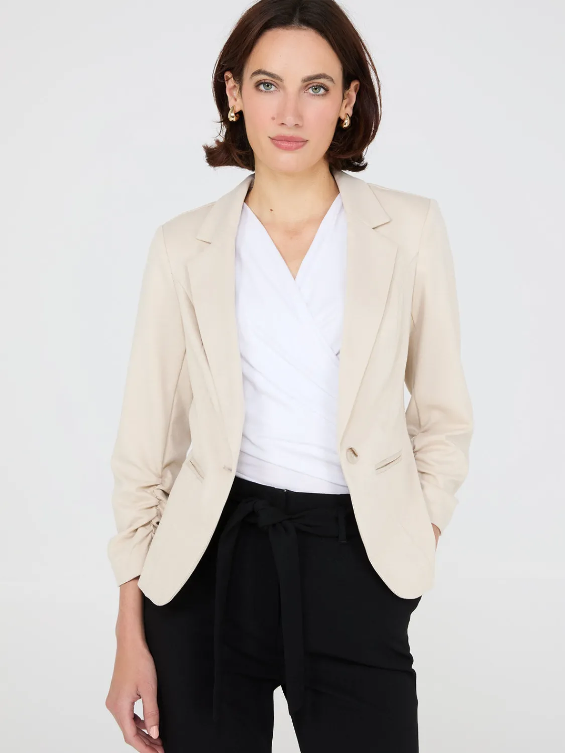 Suzy Shier Blazers & Vests>3/4 Ruched Sleeve Blazer