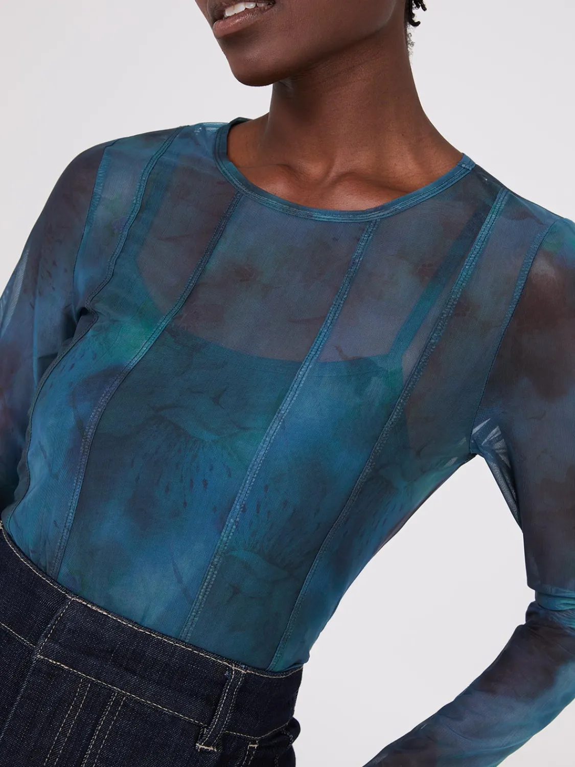 Suzy Shier Long Sleeve|Fashion Tops>Abstract Print Long Sleeve Mesh Top With Cami