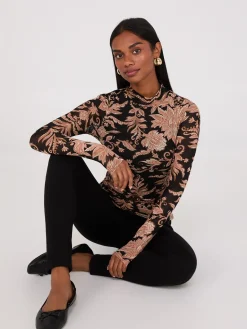 Suzy Shier Tops|Long Sleeve>Abstract Print Mock Neck Mesh Top