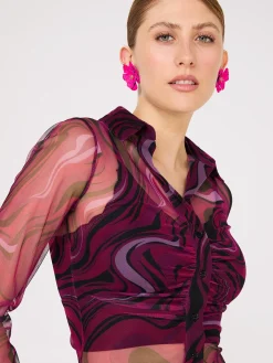 Suzy Shier Tops|Long Sleeve>Abstract Print Ruched Button-Front Mesh Blouse