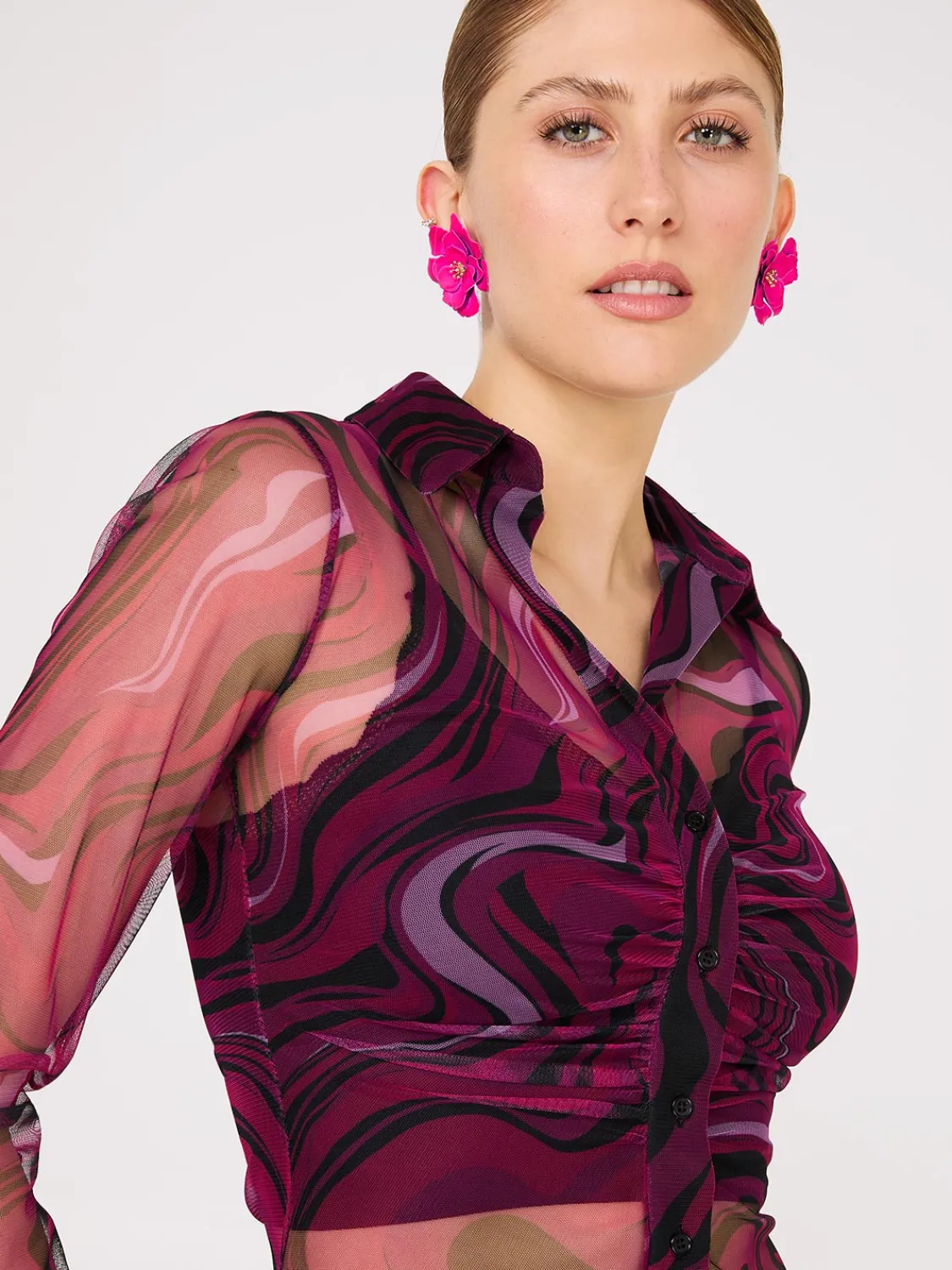 Suzy Shier Tops|Long Sleeve>Abstract Print Ruched Button-Front Mesh Blouse