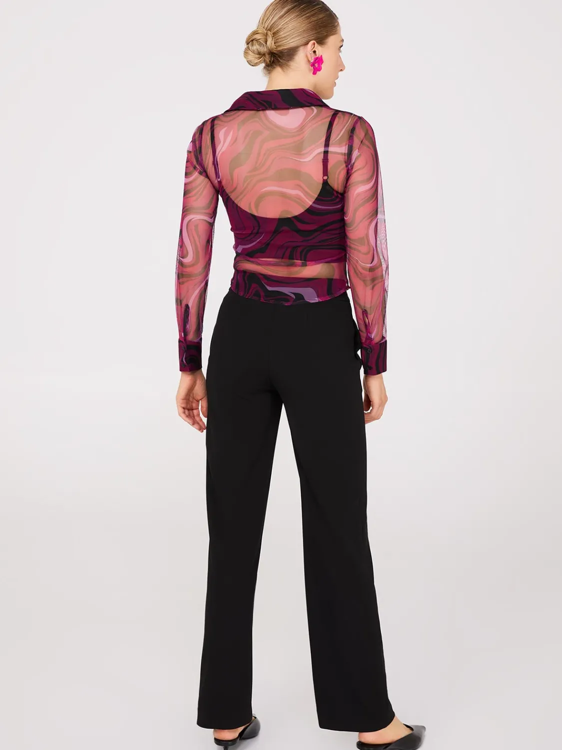 Suzy Shier Tops|Long Sleeve>Abstract Print Ruched Button-Front Mesh Blouse