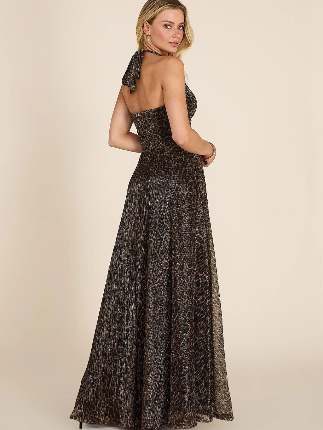 Suzy Shier Evening Gowns - Le Château>Animal Print Crinkle Knit Crossover Gown