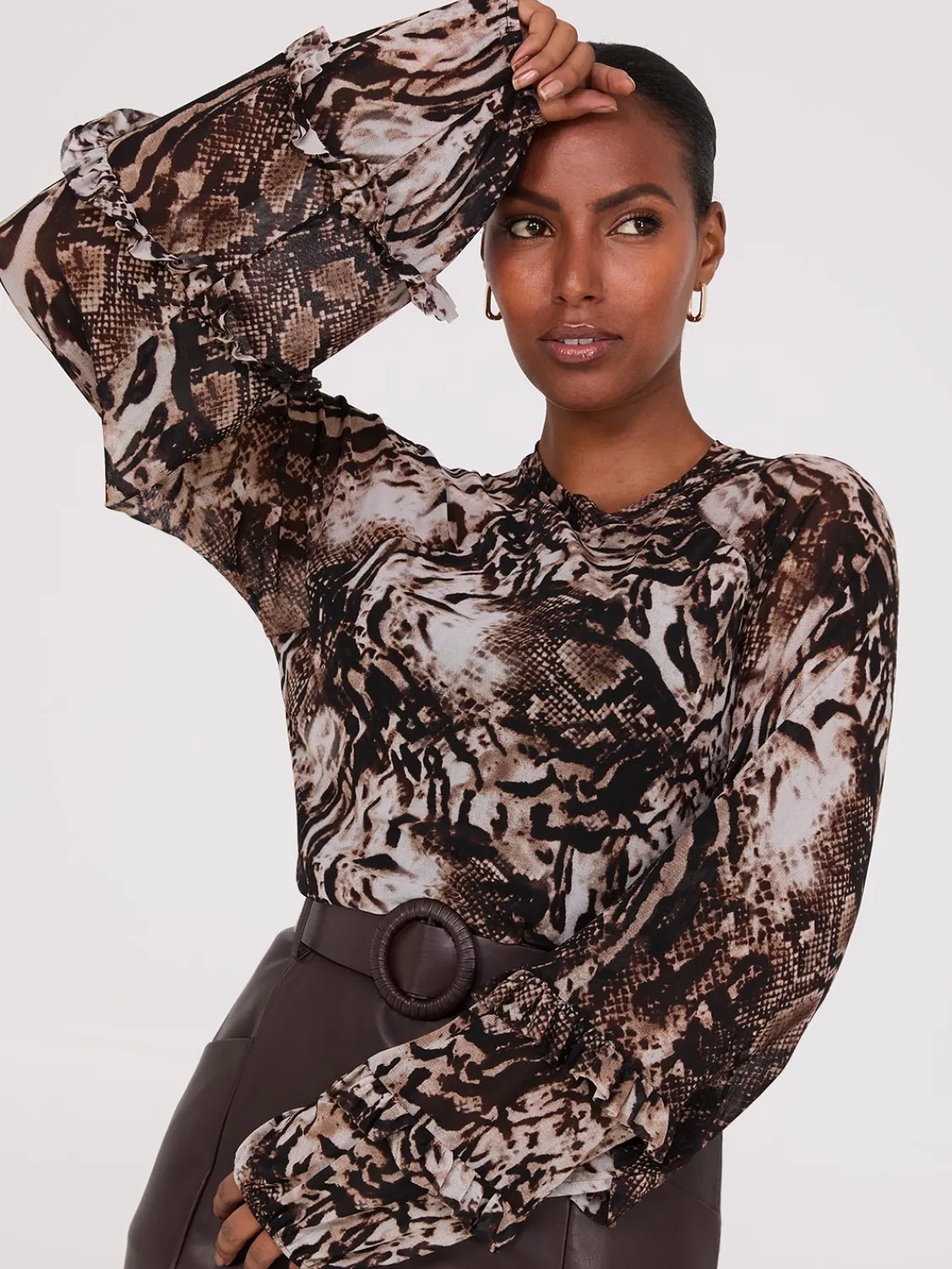 Suzy Shier Tops|Long Sleeve>Animal Print Mesh Top With Ruffle Details