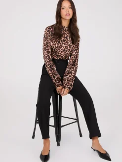 Suzy Shier Tops|Long Sleeve>Animal Print Mock Neck Satin Popover Blouse