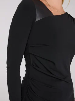 Suzy Shier Tops|Long Sleeve>Asymmetrical Neckline Top With Faux Leather Detail