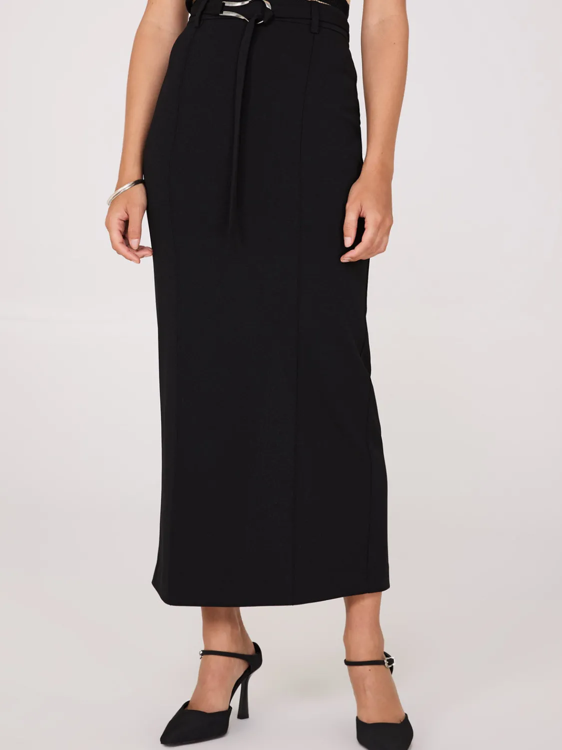 Suzy Shier Bottoms|Skirts>Belted Front Pintuck Column Skirt