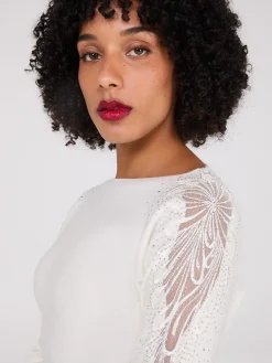 Suzy Shier Long Sleeve|Fashion Tops>Boat Neck Sweater With Embellished Sleeves
