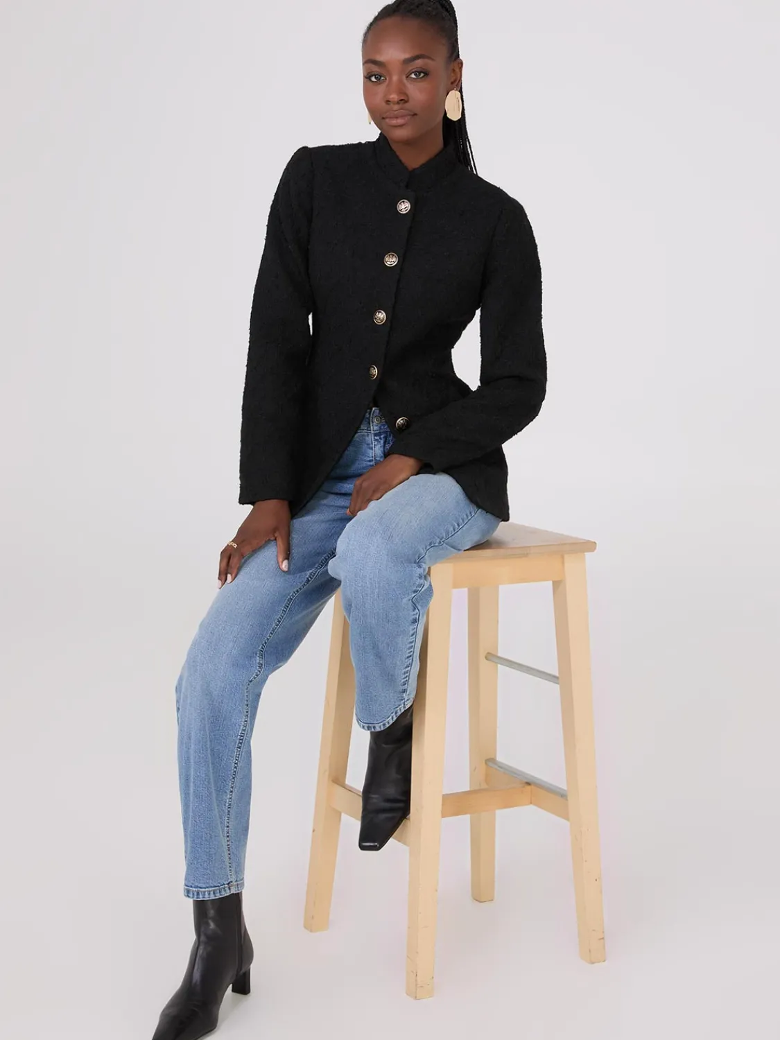 Suzy Shier Blazers & Vests>Boucle Blazer With Mandarin Collar