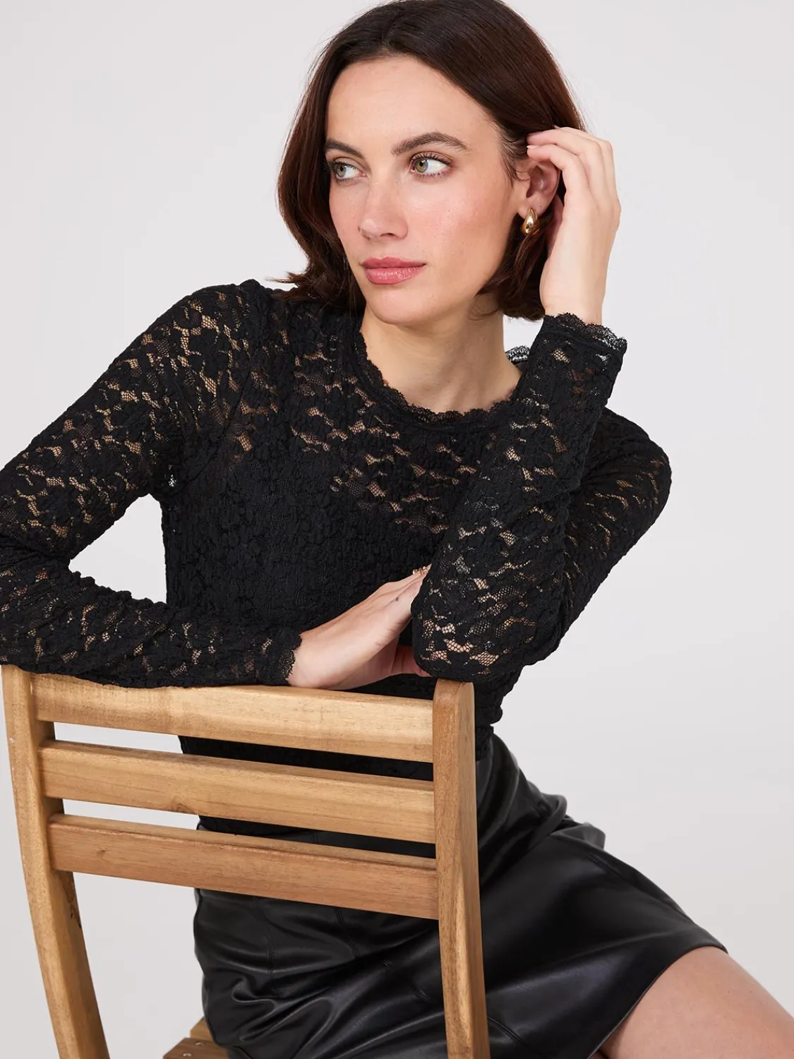 Suzy Shier Tops|Long Sleeve>Bubble Lace Long Sleeve Top With Cami