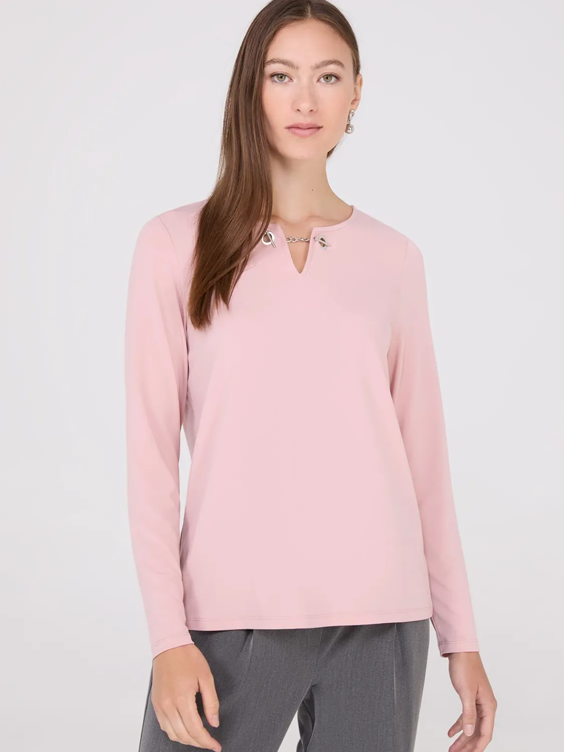 Suzy Shier Tops|Long Sleeve>Chain Keyhole Long Sleeve Top