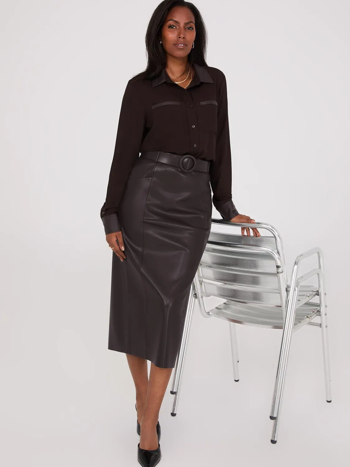 Suzy Shier Tops|Long Sleeve>Chiffon Blouse With Faux Leather Details