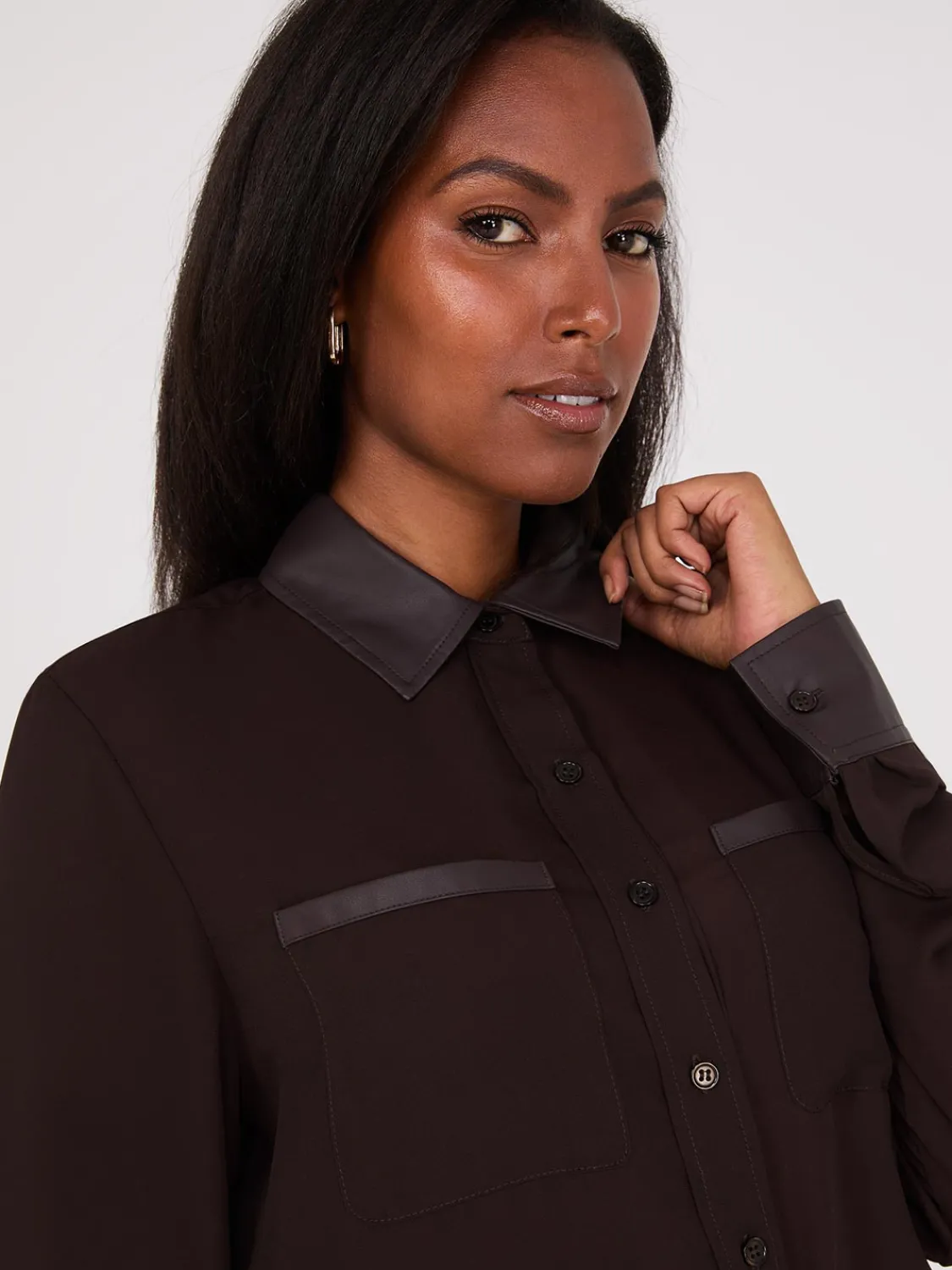 Suzy Shier Tops|Long Sleeve>Chiffon Blouse With Faux Leather Details