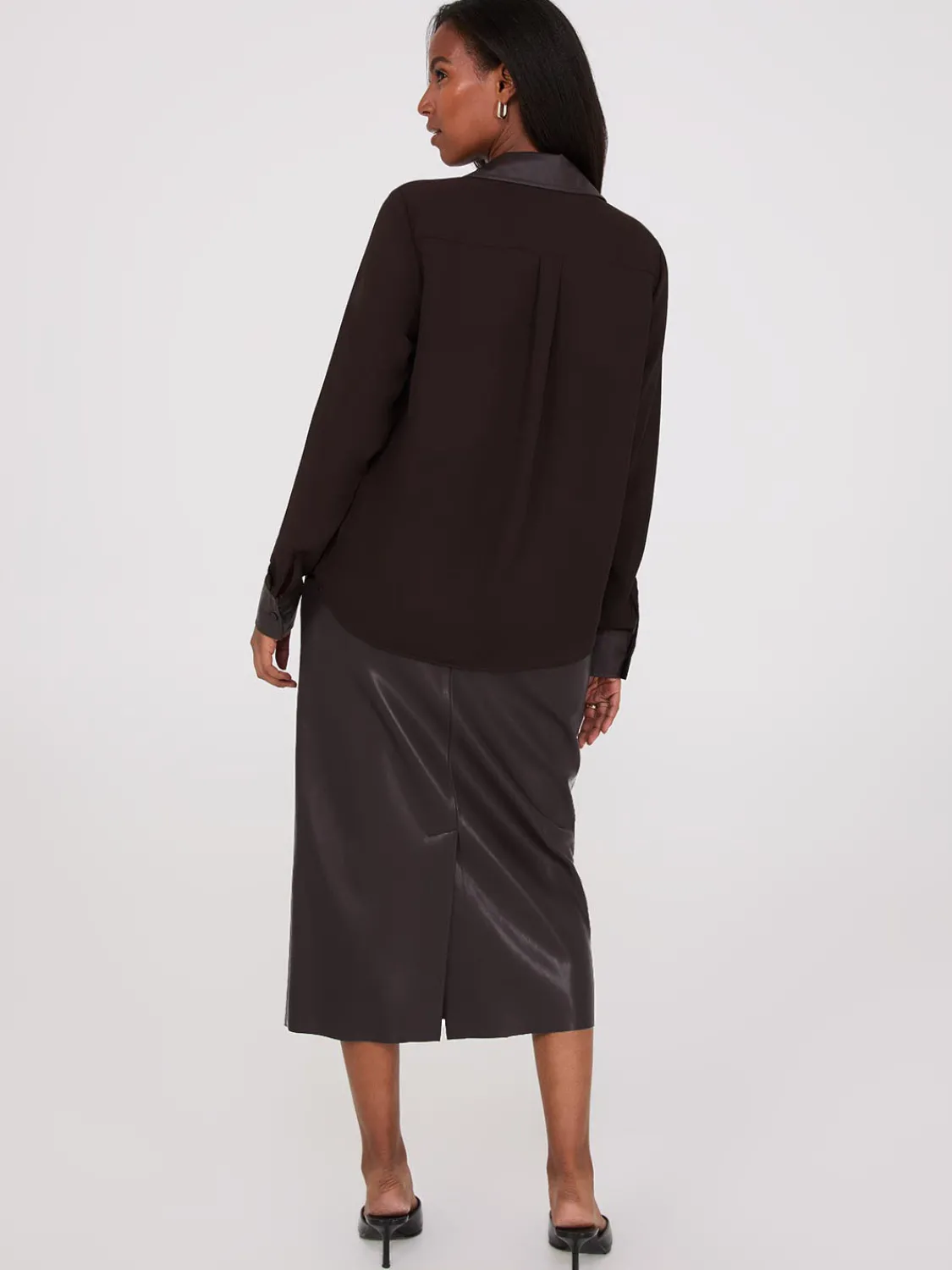 Suzy Shier Tops|Long Sleeve>Chiffon Blouse With Faux Leather Details