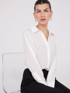 Suzy Shier Tops|Long Sleeve>Chiffon Button-Front Blouse With Satin Details