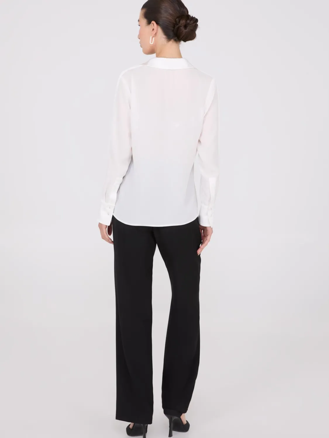 Suzy Shier Tops|Long Sleeve>Chiffon Button-Front Blouse With Satin Details