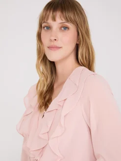 Suzy Shier Tops|Long Sleeve>Chiffon Ruffle Button-Front Blouse