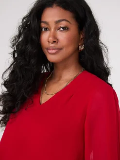 Suzy Shier Tops|Short Sleeve>Chiffon V-Neck Pleated Popover Blouse