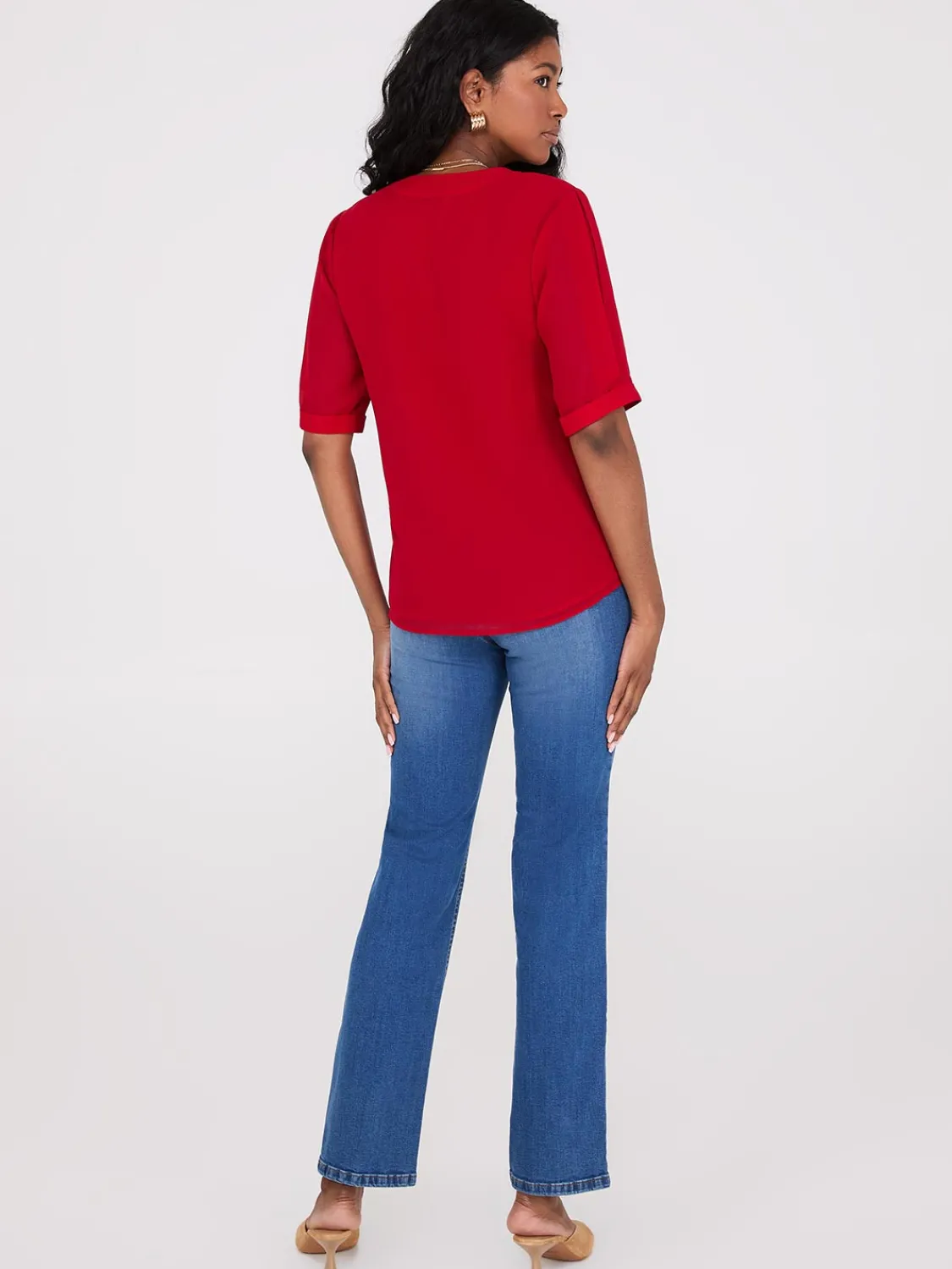 Suzy Shier Tops|Short Sleeve>Chiffon V-Neck Pleated Popover Blouse