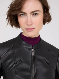 Suzy Shier Puffers & Jackets|Puffers & Jackets>Collarless Faux Leather Jacket