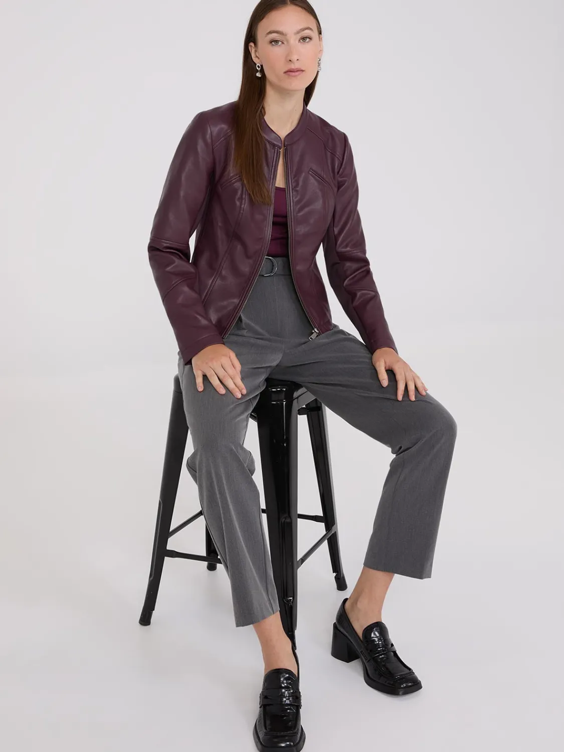 Suzy Shier Puffers & Jackets|Puffers & Jackets>Collarless Faux Leather Jacket
