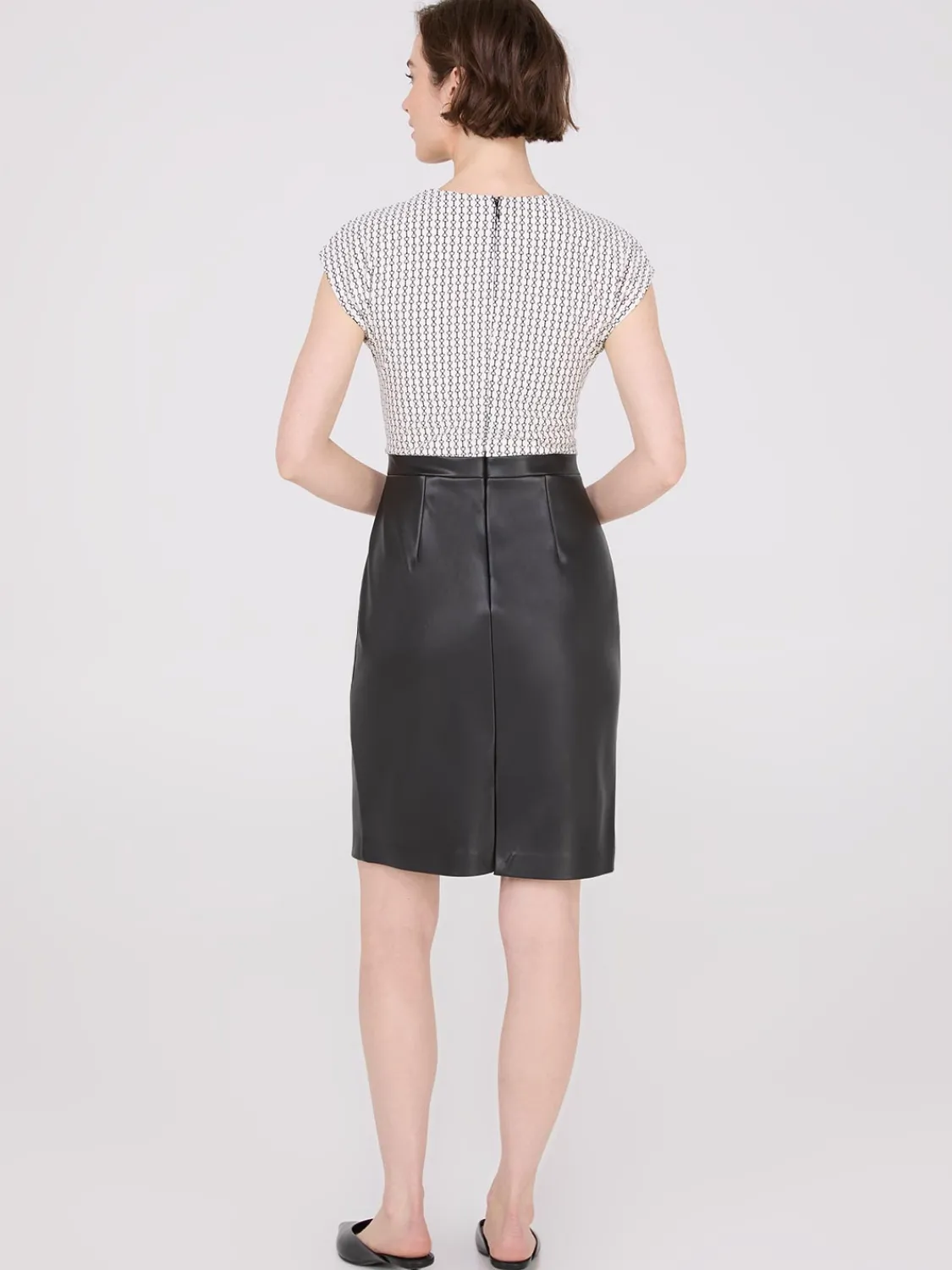 Suzy Shier Mini|Work Dresses>Cowl Neck Faux Leather Skirt 2-Fer Dress