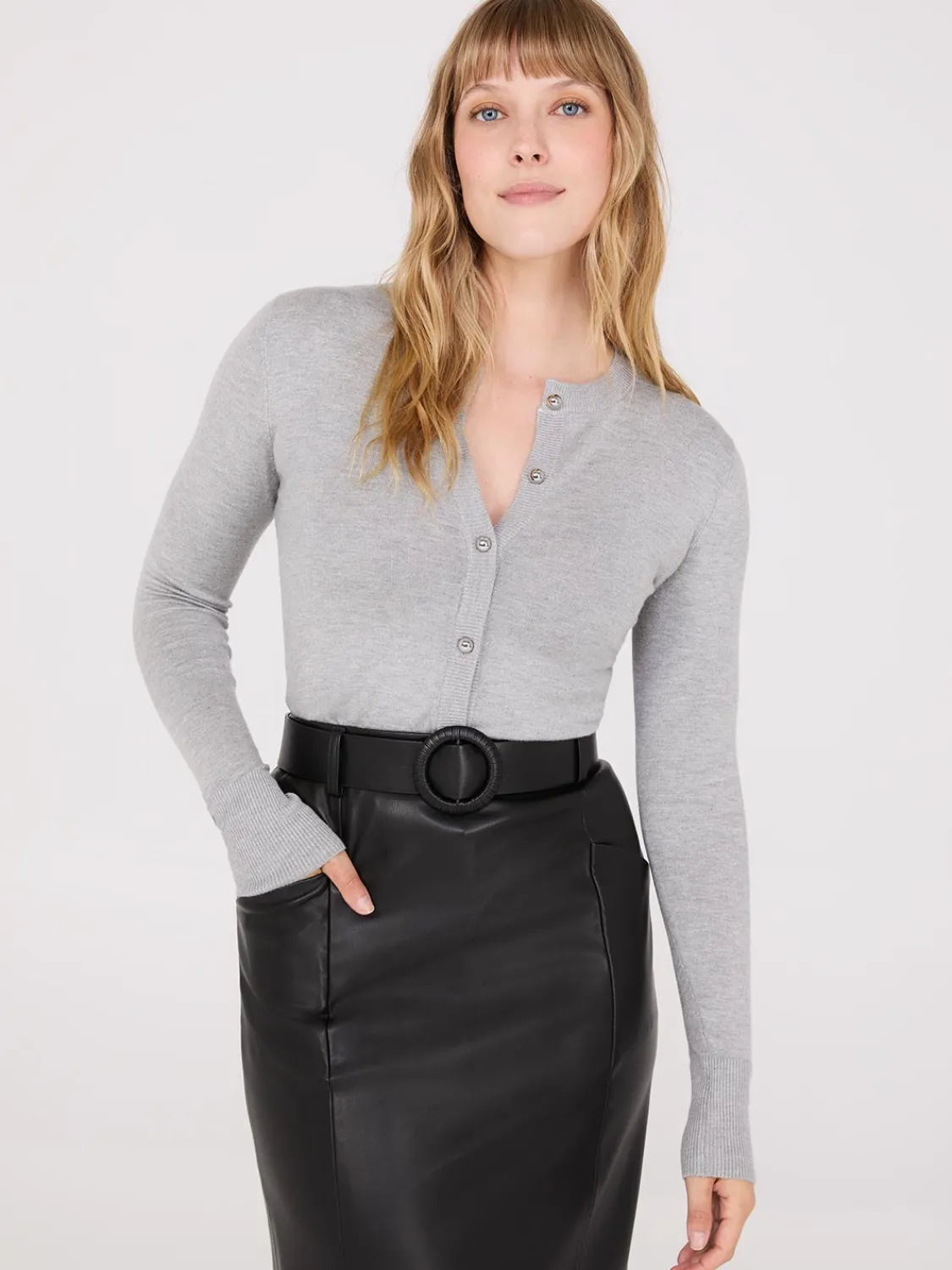 Suzy Shier Long Sleeve|Sweaters & Cardigans>Crew Neck Cardigan With Ribbed Details