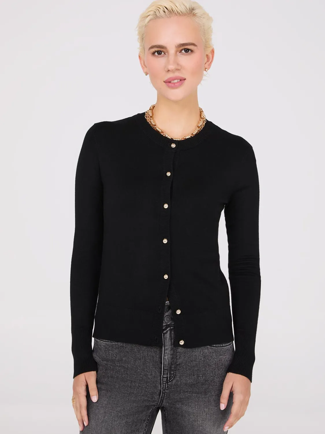 Suzy Shier Long Sleeve|Sweaters & Cardigans>Crew Neck Cardigan With Ribbed Details