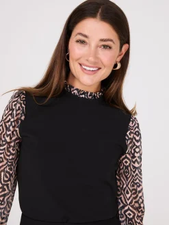 Suzy Shier Tops|Long Sleeve>Crew Neck Scuba Top With Printed Chiffon Sleeves