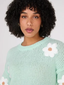 Suzy Shier Long Sleeve|Sweaters & Cardigans>Crew Neck Sweater With Crochet Flowers