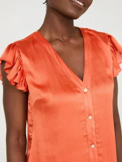 Suzy Shier Tops|Short Sleeve>Crinkle Satin Ruffle Sleeve Button-Front Blouse