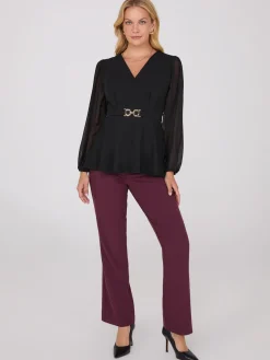 Suzy Shier Tops|Long Sleeve>Crossover Peplum Top With Gold Buckle Belt