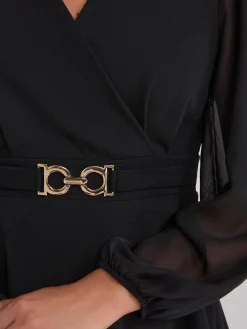 Suzy Shier Tops|Long Sleeve>Crossover Peplum Top With Gold Buckle Belt