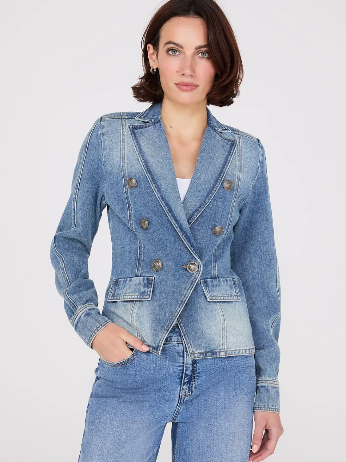 Suzy Shier Puffers & Jackets|Puffers & Jackets>Denim Double-Breasted Blazer