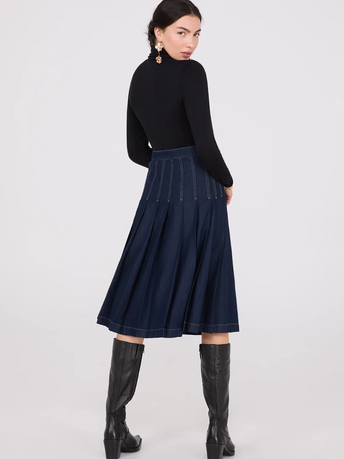 Suzy Shier Skirts>Denim Pleated Midi Skirt