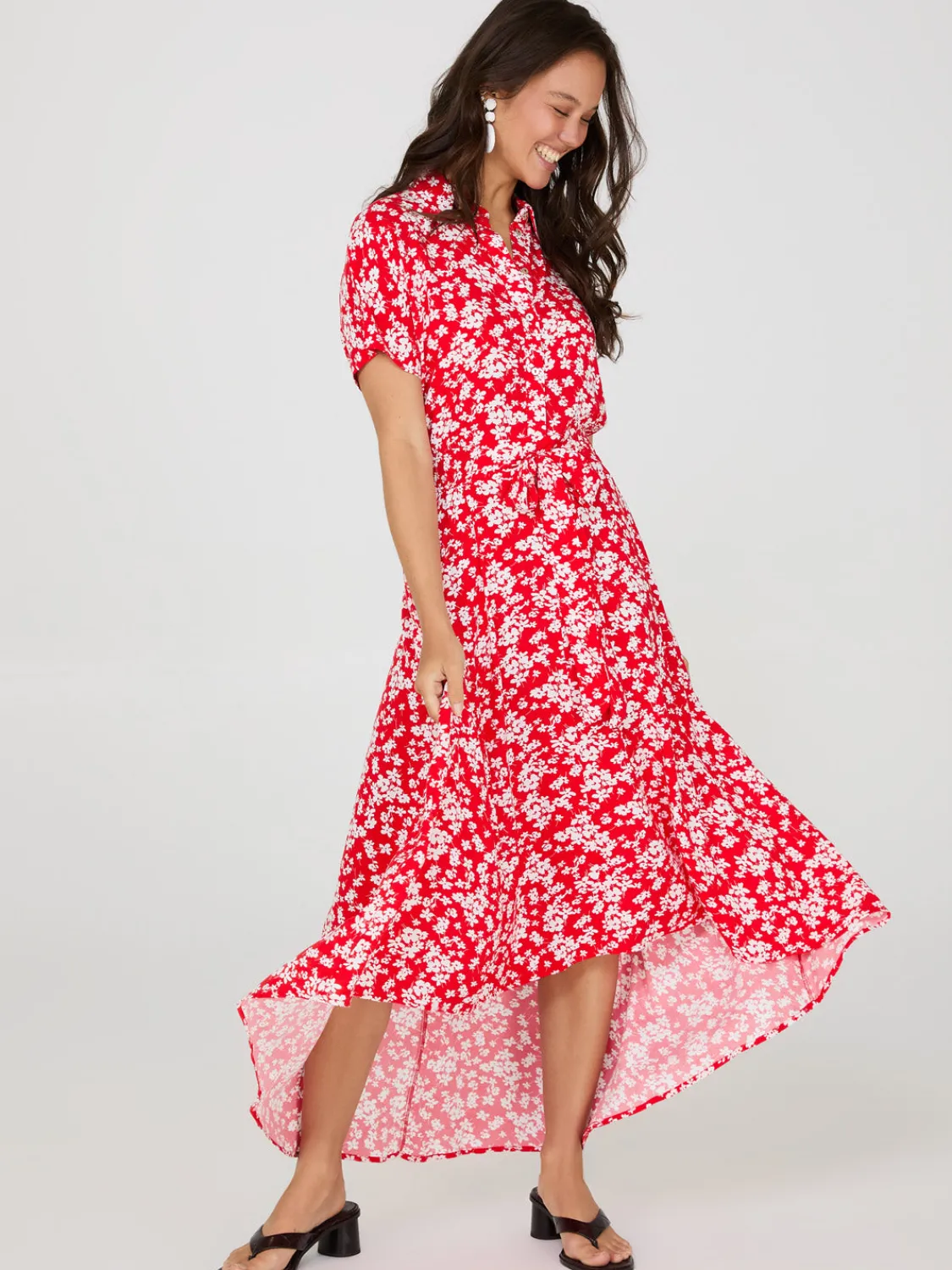 Suzy Shier Casual Dresses|Midi & Maxi>Ditsy Floral Print High-Low Maxi Shirt Dress