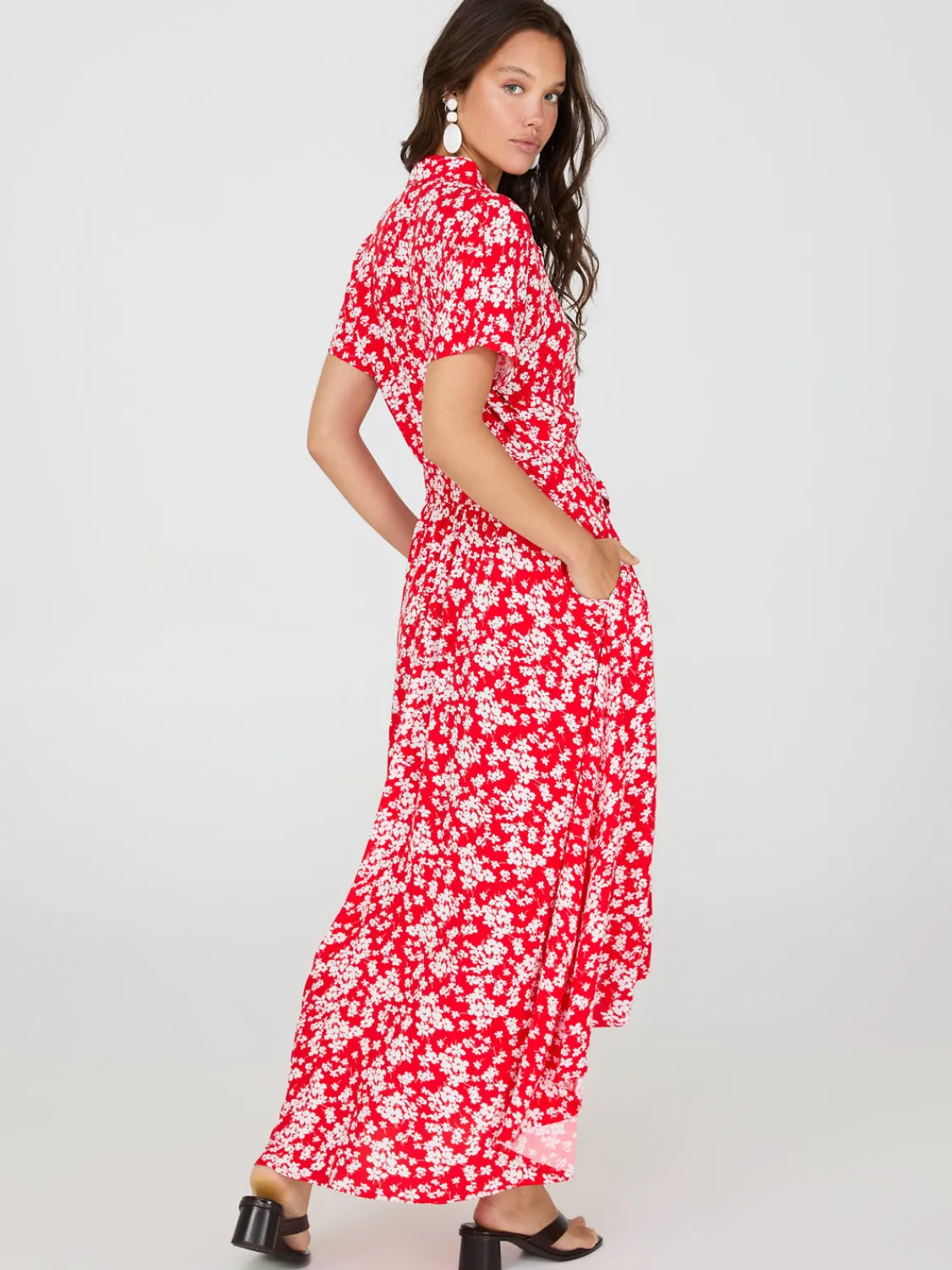 Suzy Shier Casual Dresses|Midi & Maxi>Ditsy Floral Print High-Low Maxi Shirt Dress
