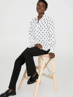 Suzy Shier Tops|Long Sleeve>Dot Print Chiffon Button-Front Blouse