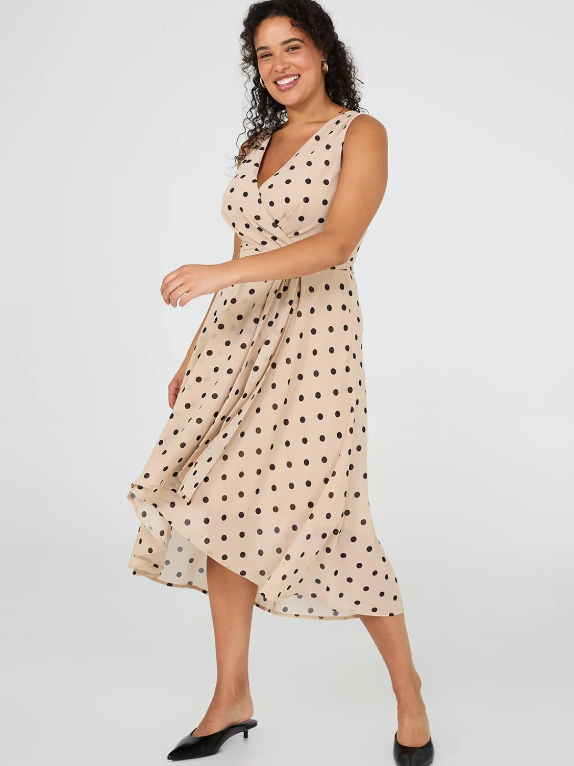 Suzy Shier Work Dresses|Dresses>Dot Print Crossover Chiffon Midi Dress