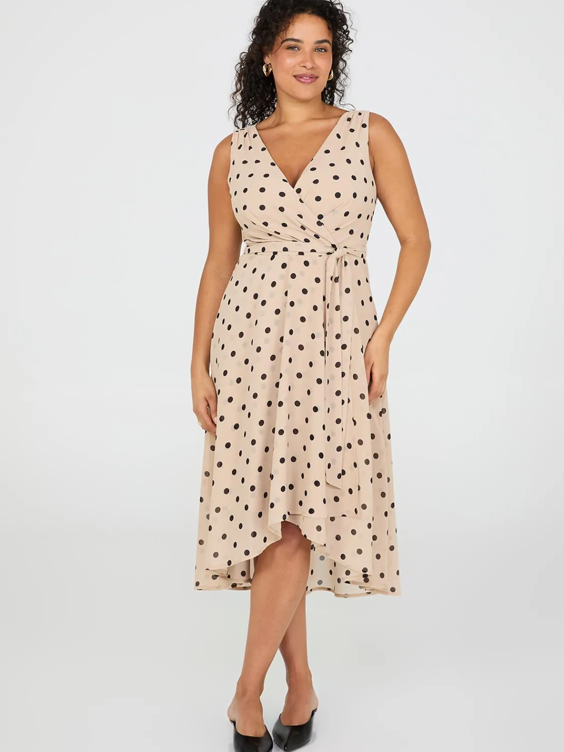 Suzy Shier Work Dresses|Dresses>Dot Print Crossover Chiffon Midi Dress