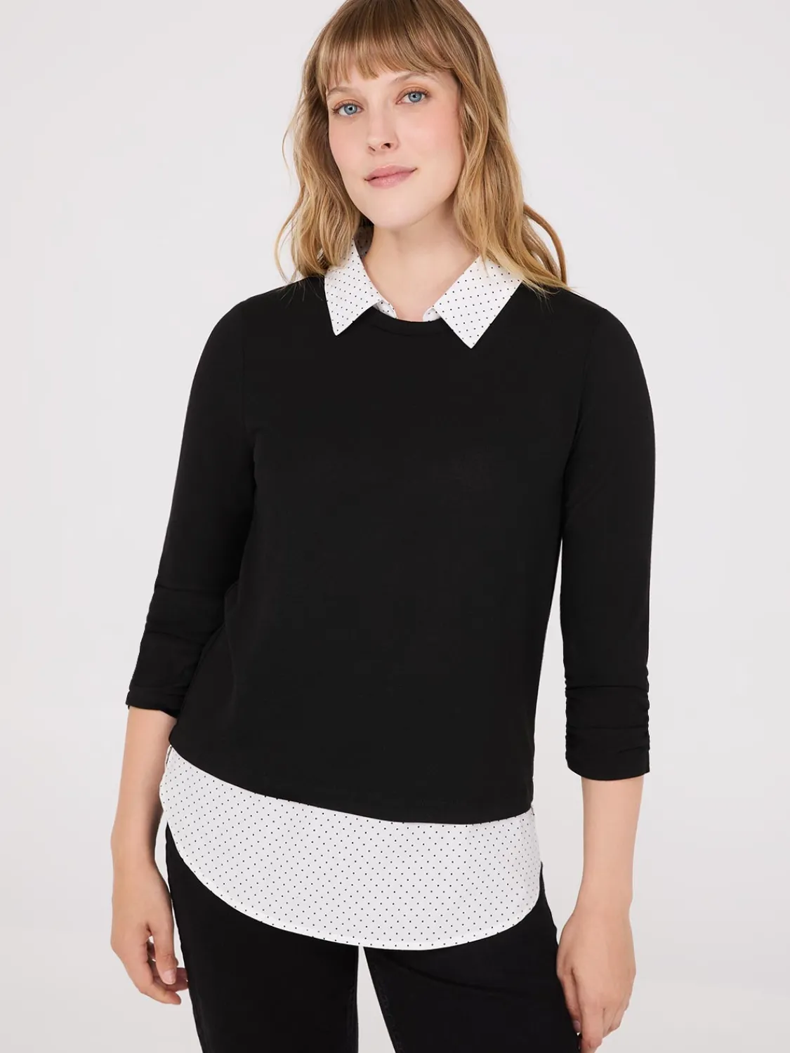 Suzy Shier Long Sleeve>Dot Print 2-Fer Top