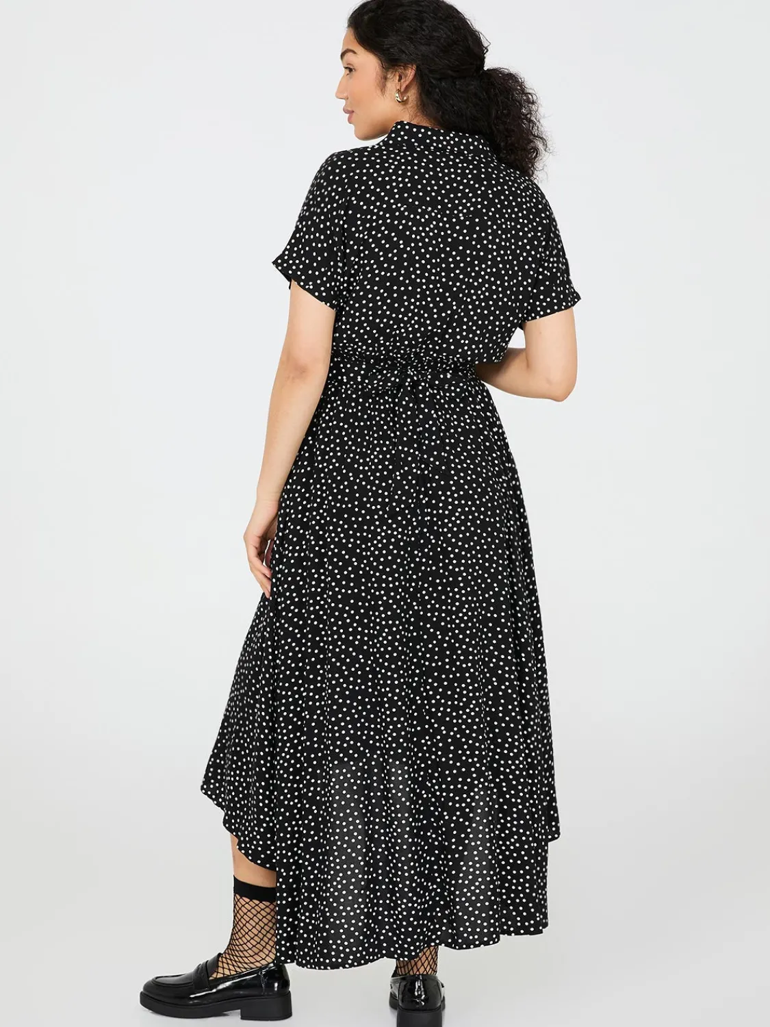 Suzy Shier Casual Dresses|Midi & Maxi>Dot Print High-Low Maxi Shirt Dress