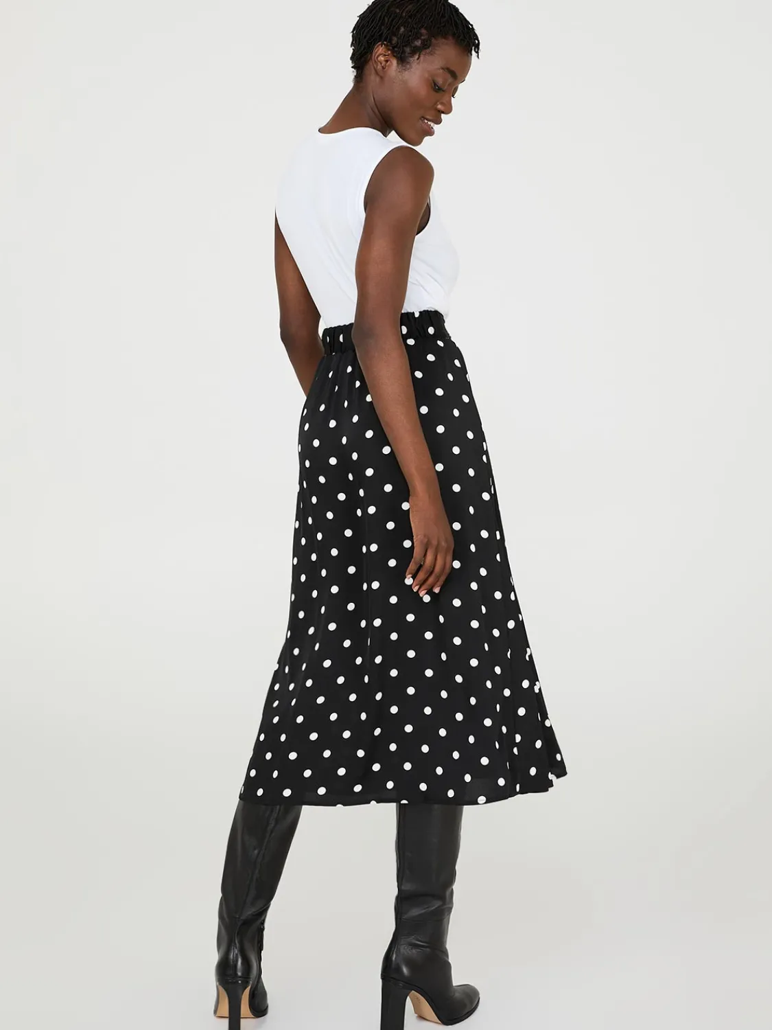 Suzy Shier Skirts>Dot Print Pleated Satin Midi Skirt