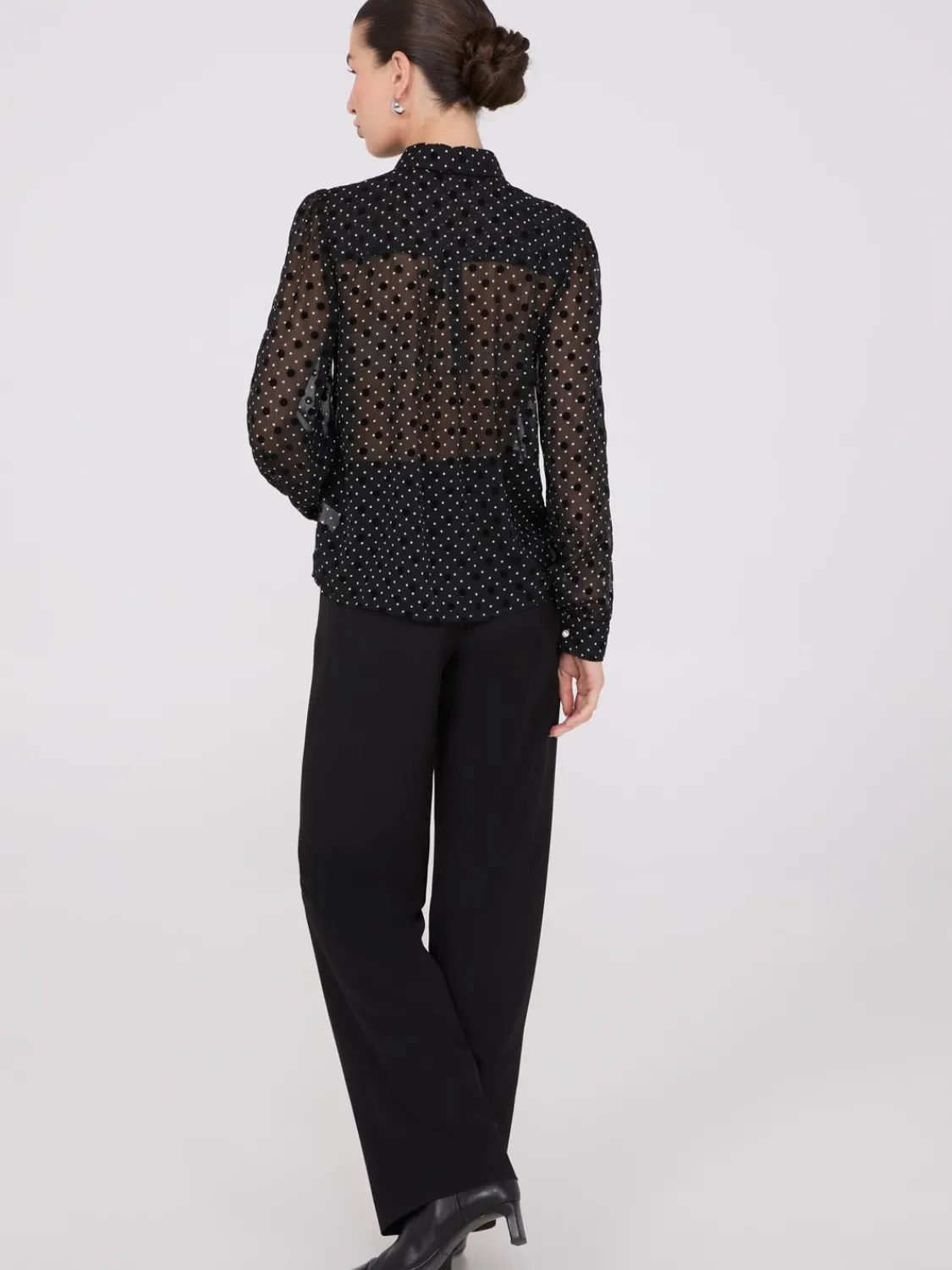 Suzy Shier Tops|Long Sleeve>Dot Print Ruffle Button-Front Blouse