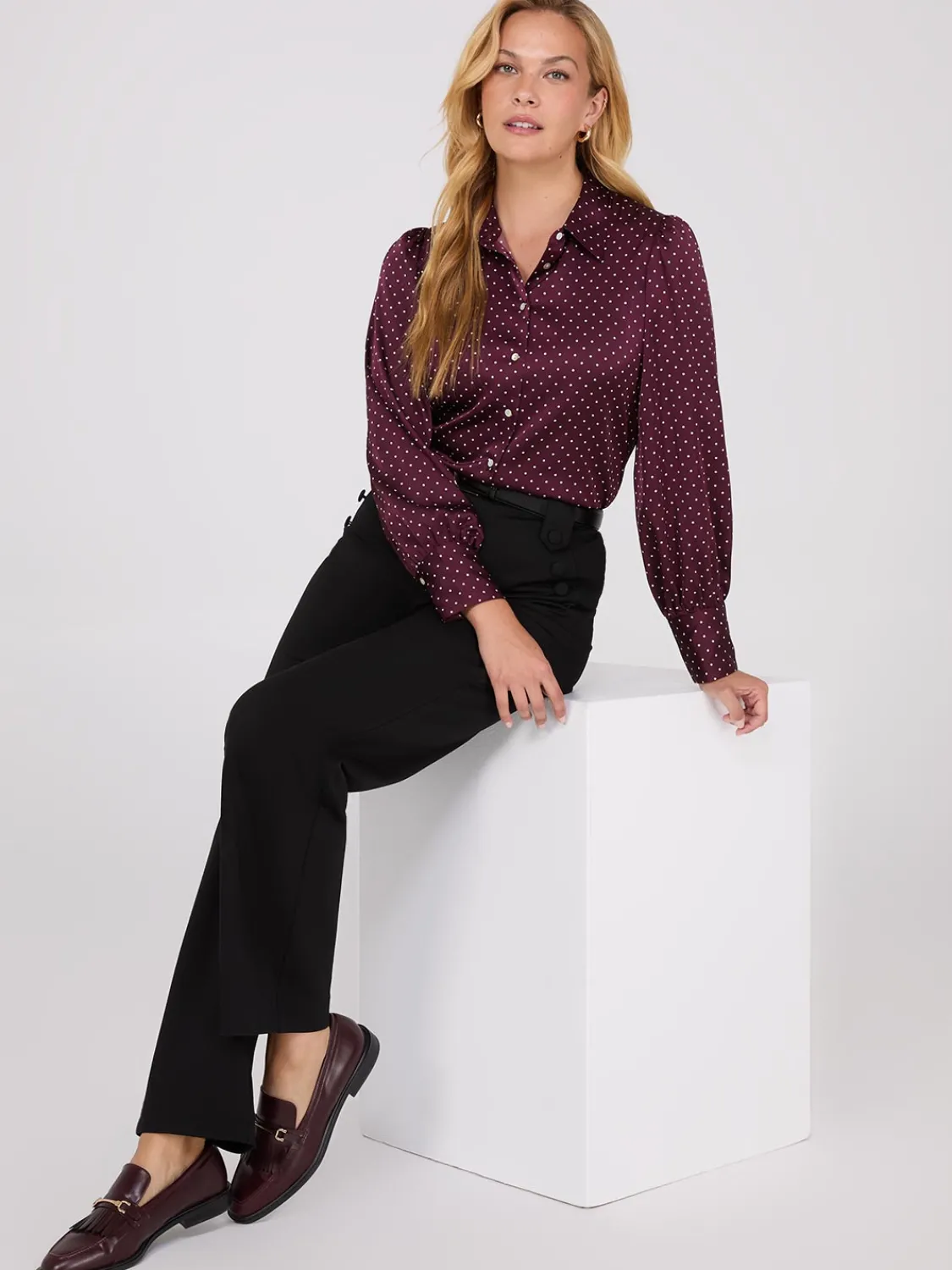 Suzy Shier Tops|Long Sleeve>Dot Print Satin Volume Sleeve Button-Front Blouse
