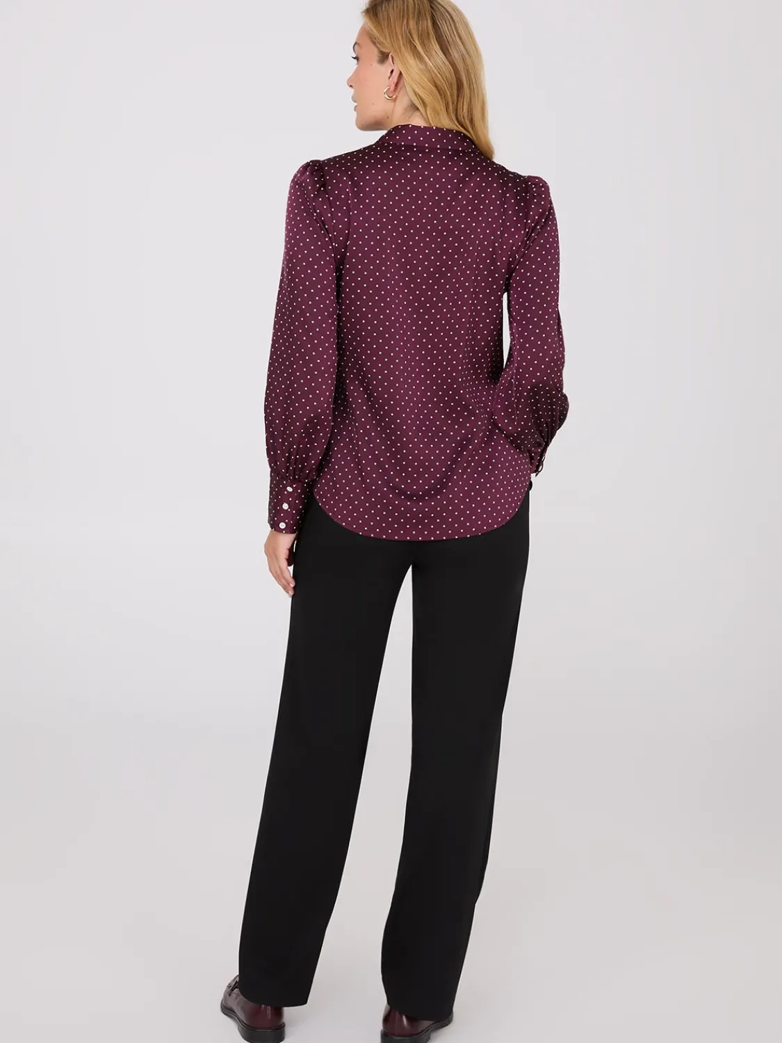 Suzy Shier Tops|Long Sleeve>Dot Print Satin Volume Sleeve Button-Front Blouse