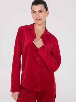 Suzy Shier Lounge & Pjs>Dot Print Velour Button-Down Pajama Set