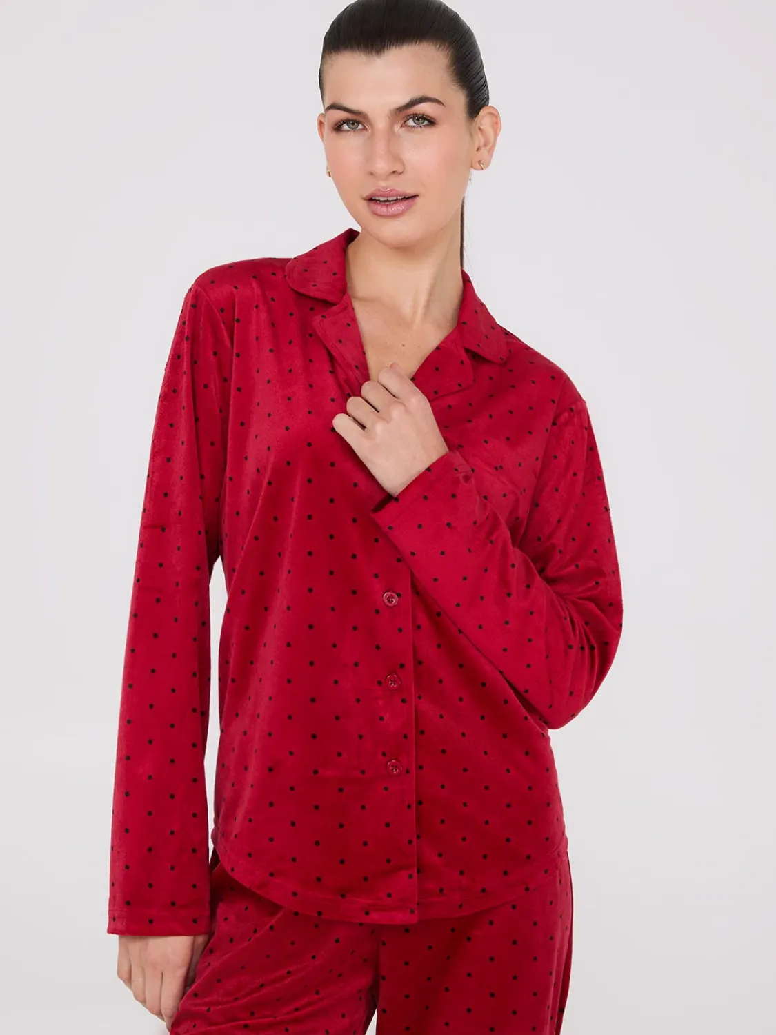 Suzy Shier Lounge & Pjs>Dot Print Velour Button-Down Pajama Set