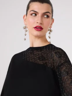 Suzy Shier Long Sleeve|Fashion Tops>Drop Shoulder Sweater With Lace & Rhinestone Sleeve