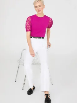 Suzy Shier Short Sleeve|Tank Tops & T-Shirts>Embroidered Mesh Sleeve T-Shirt